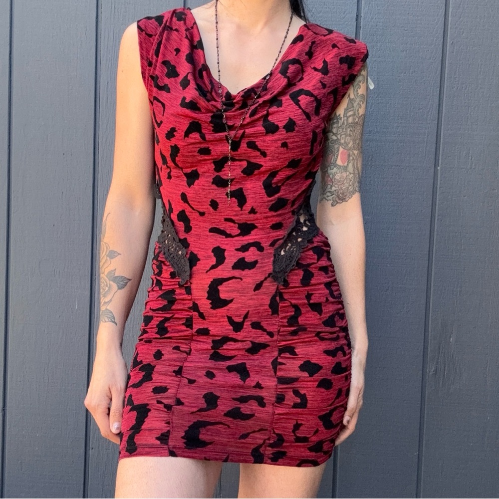 Symphony Red & Black Leopard Print Bodycon Dress Sz S